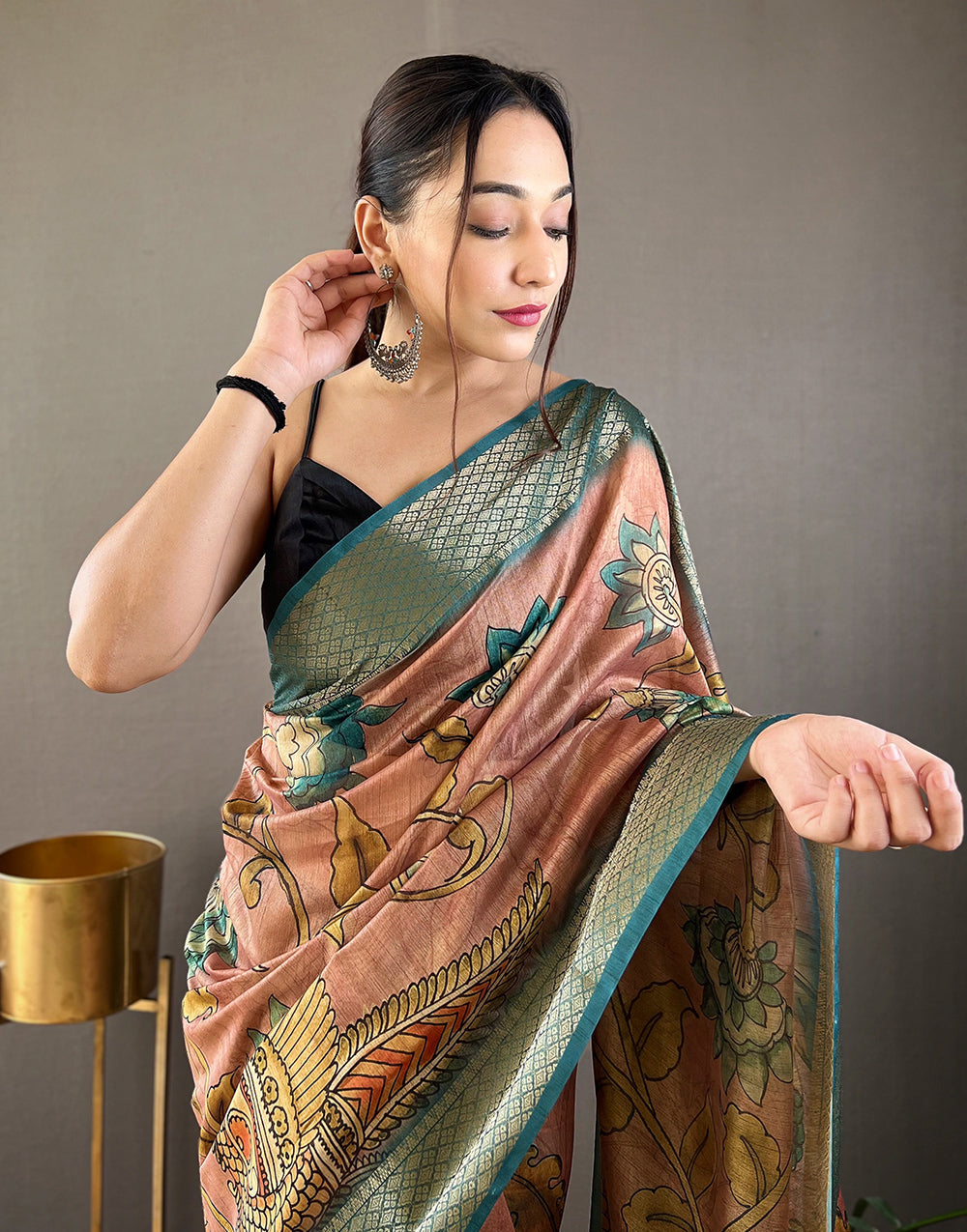 Light Brown Printed With Weaving Work