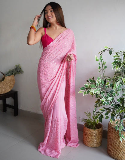 Pink Georgette With Sequence Work  & Piping Border