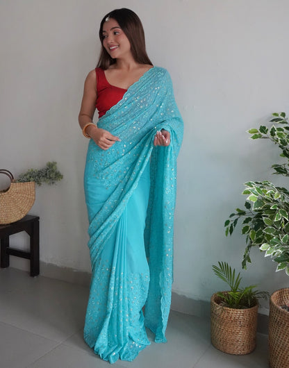 Sky Blue Georgette With Sequence Work  & Piping Border