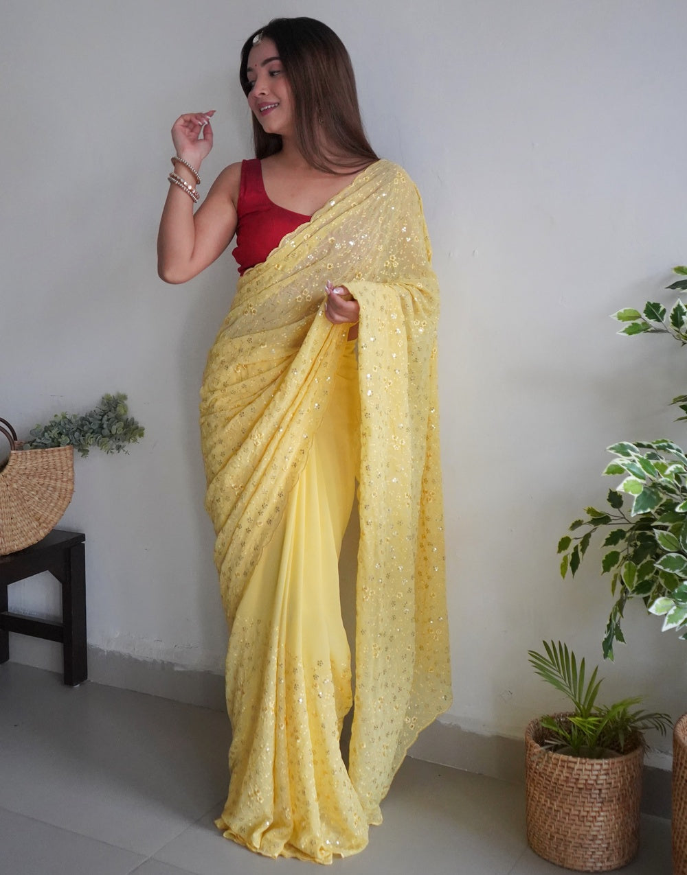 Yellow Georgette With Sequence Work  & Piping Border