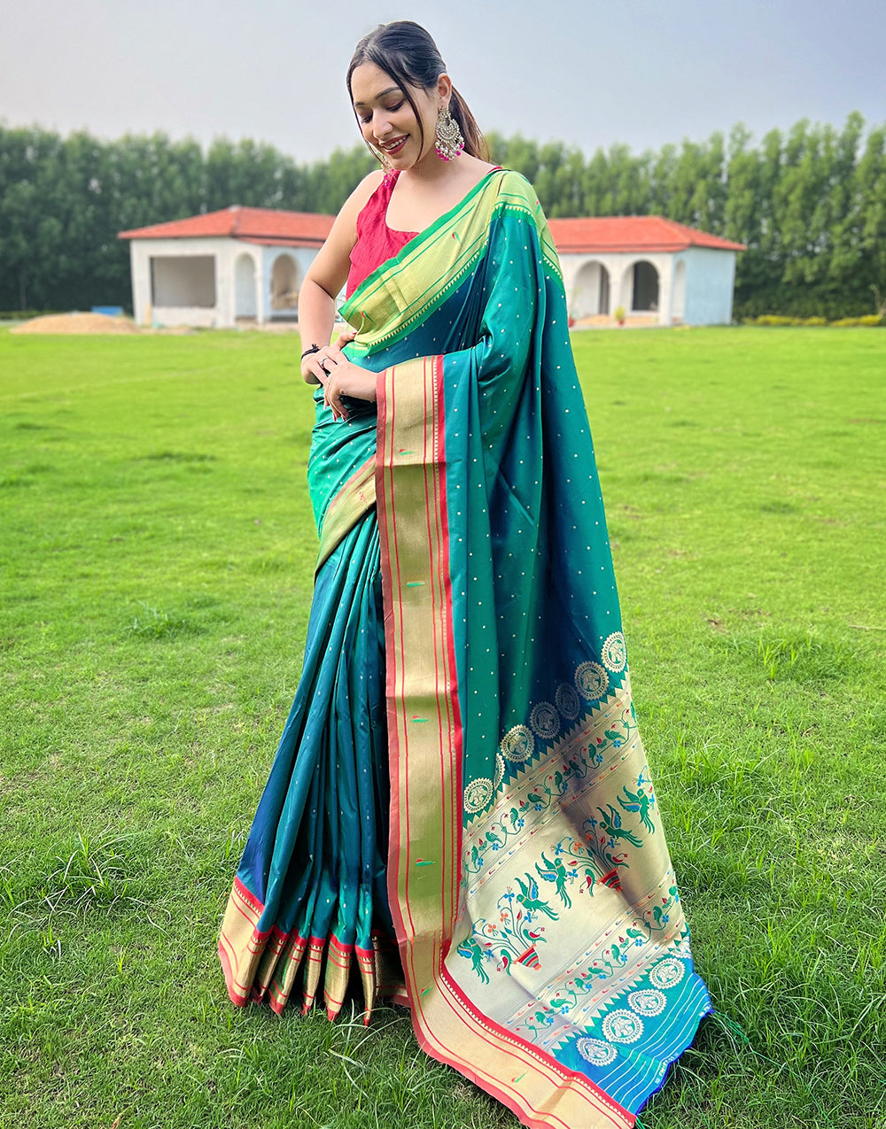 Pine Green Paithani Silk Saree With Weaving Work