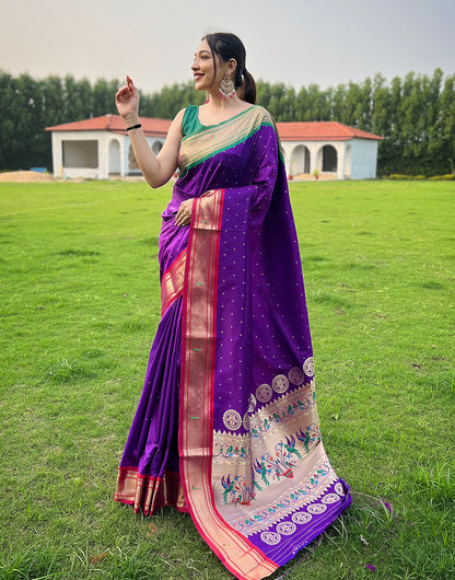 Dark Purple Paithani Silk Saree With Weaving Work