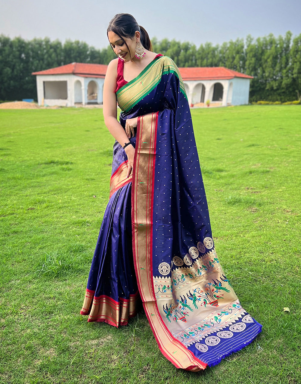 St Patricks Blue Paithani Silk Saree With Weaving Work