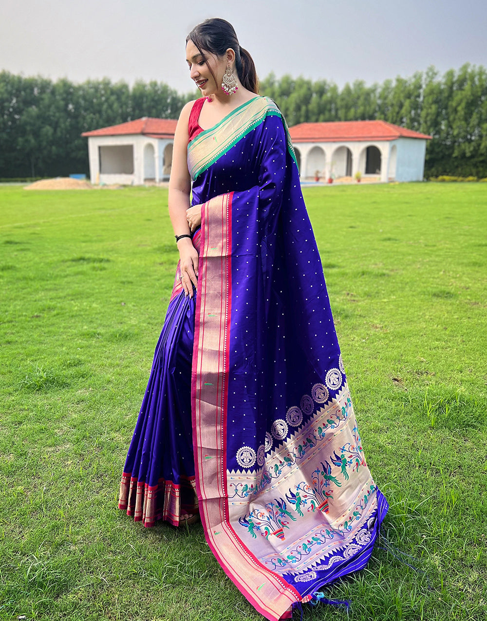 Dark Blue Paithani Silk Saree With Weaving Work