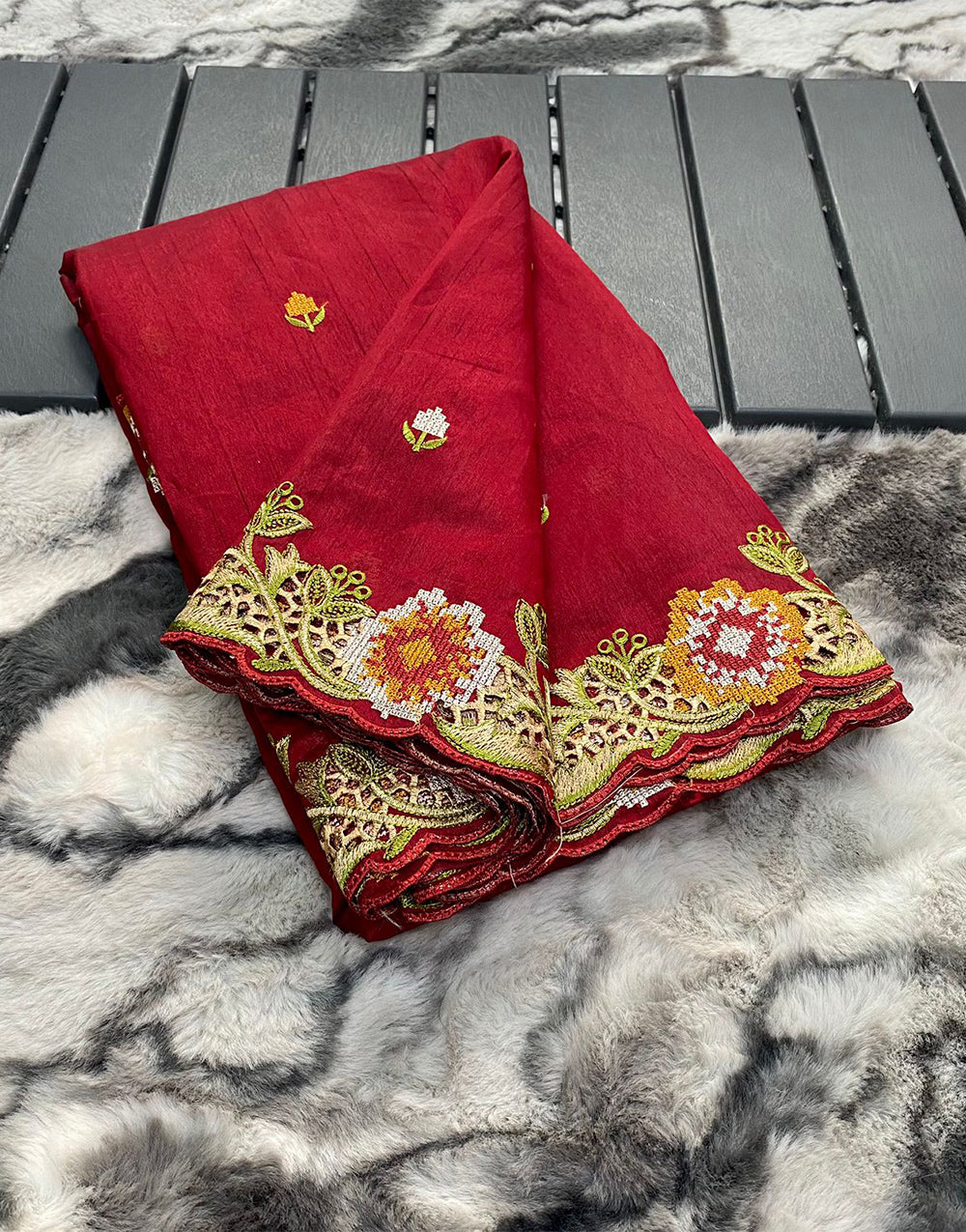 Carmine Red Tussar Silk Saree With Embroidery & Cutwork Border