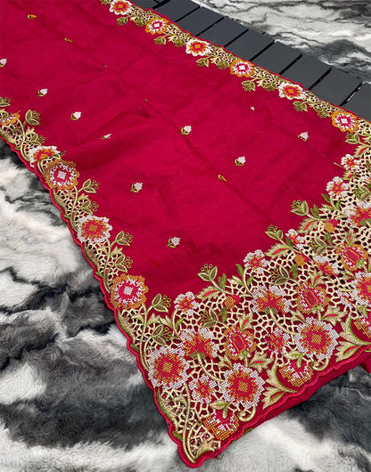 Cardinal Red Tussar Silk Saree With Embroidery & Cutwork Border