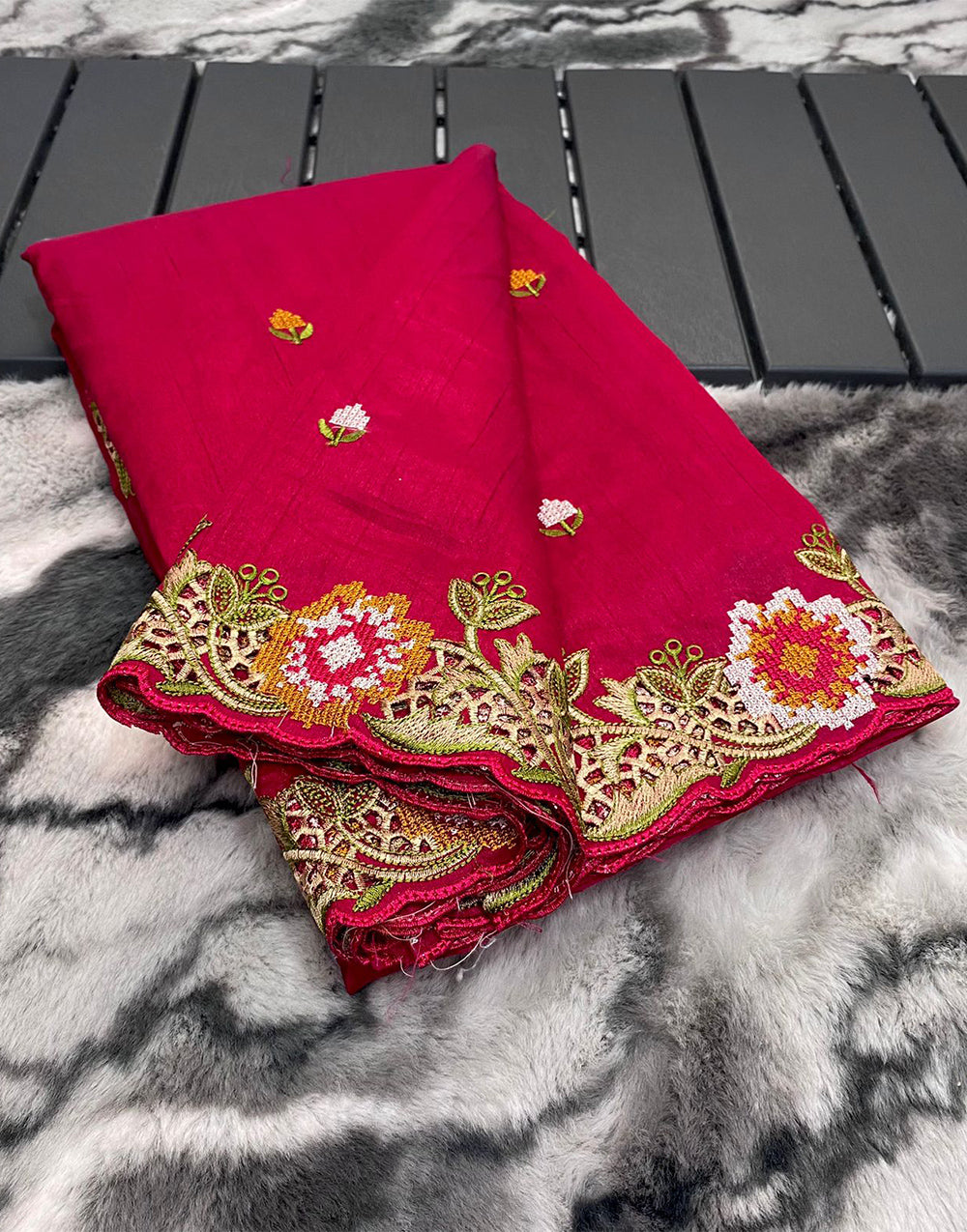 Cardinal Red Tussar Silk Saree With Embroidery & Cutwork Border