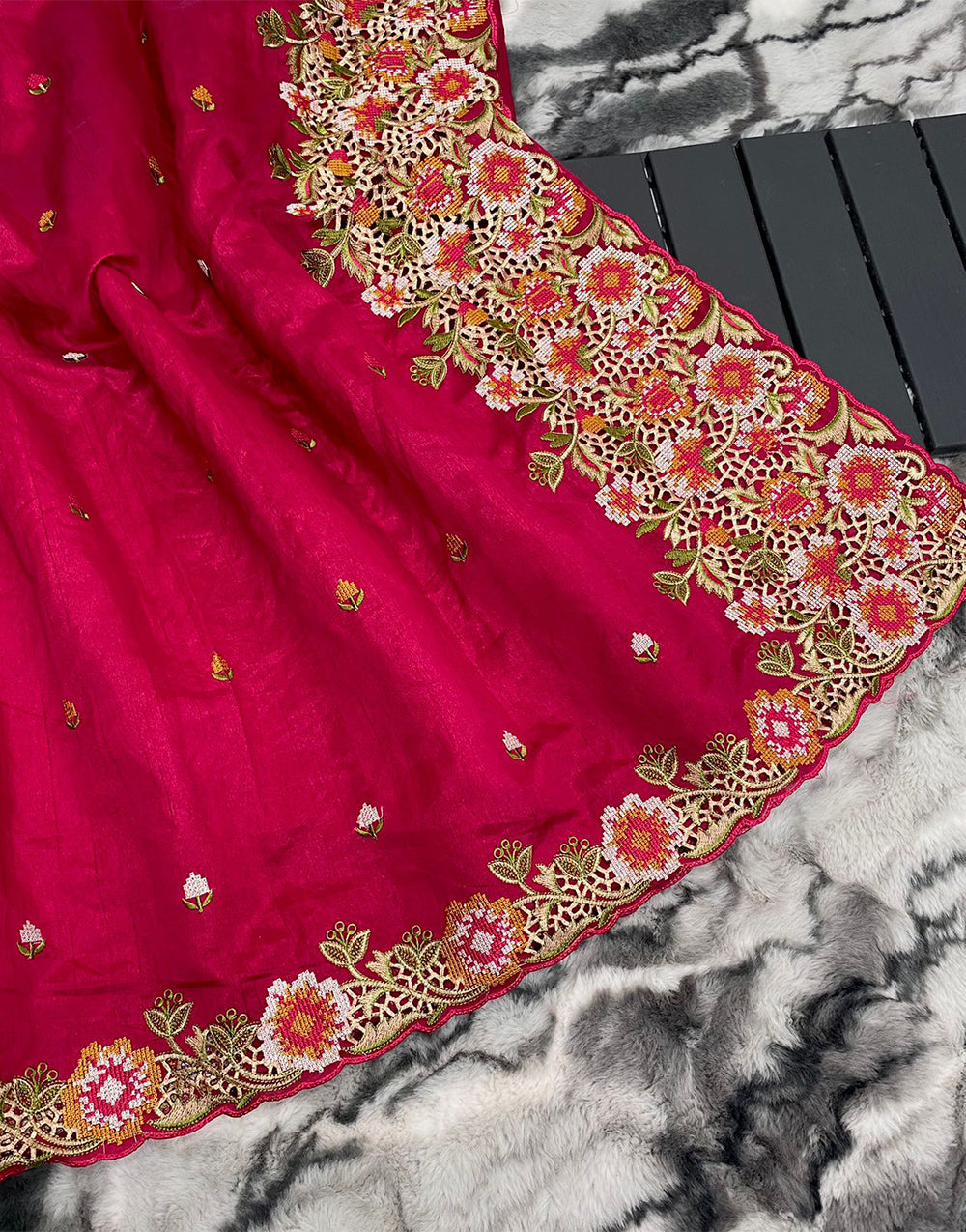 Cardinal Red Tussar Silk Saree With Embroidery & Cutwork Border