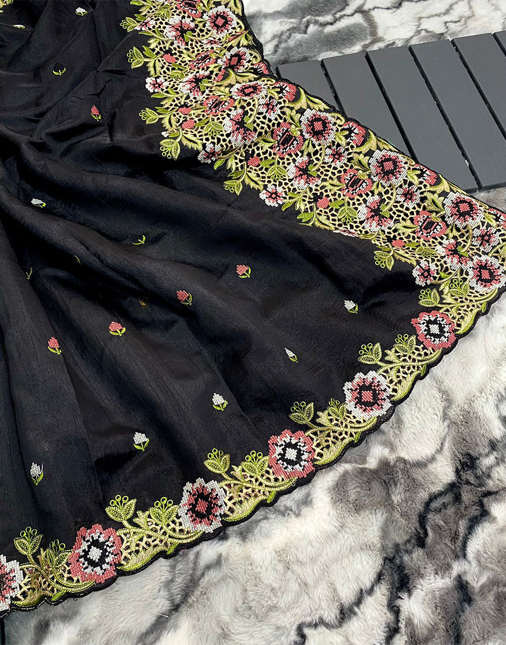 Black Tussar Silk Saree With Embroidery & Cutwork Border