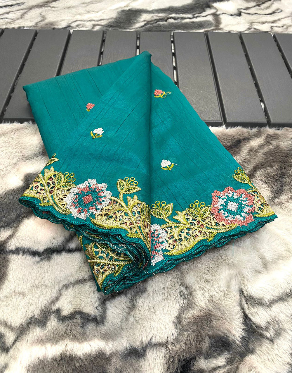Teal Blue Tussar Silk Saree With Embroidery & Cutwork Border
