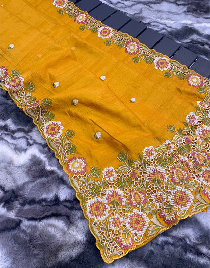 Mustard Yellow Tussar Silk Saree With Embroidery & Cutwork Border