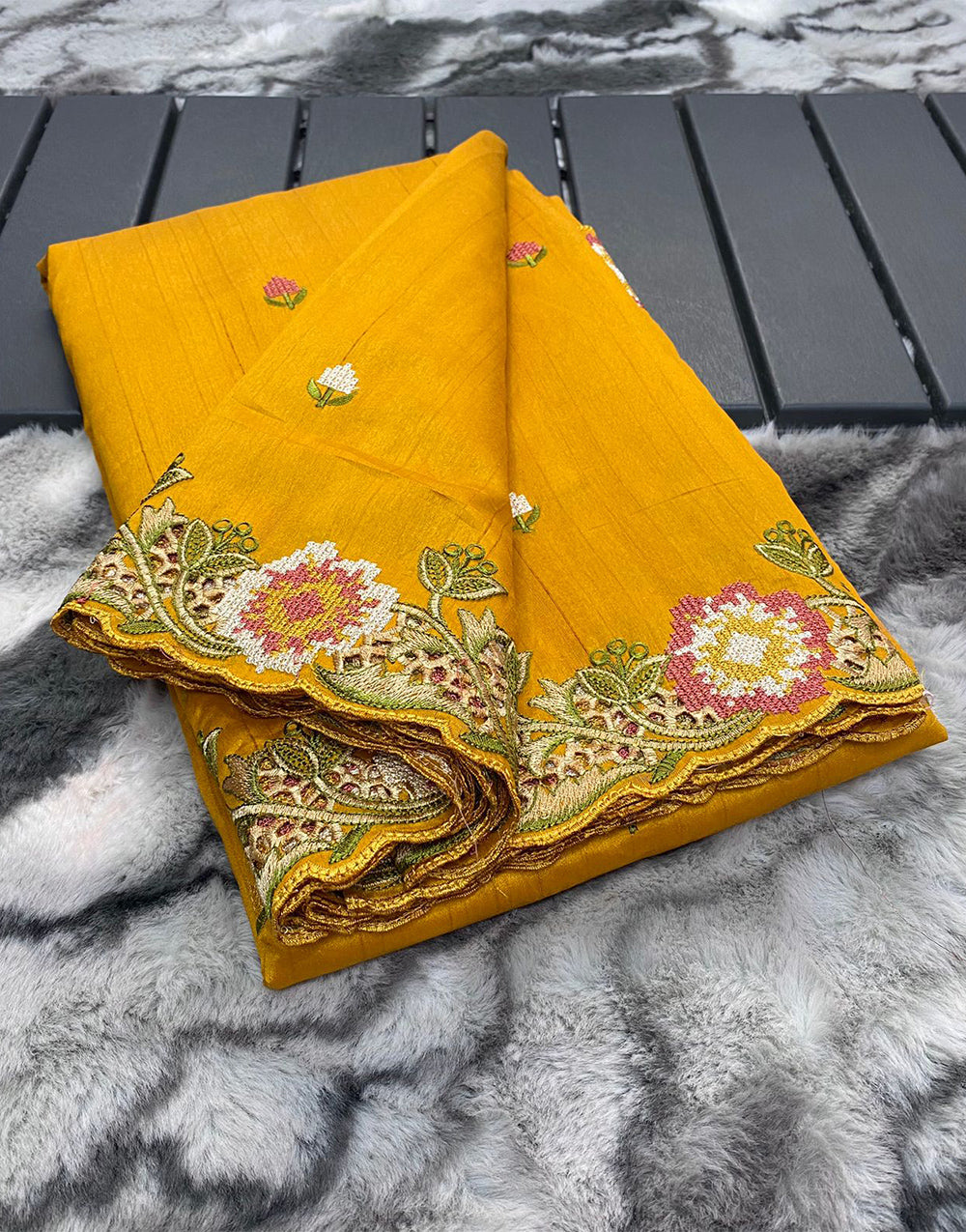 Mustard Yellow Tussar Silk Saree With Embroidery & Cutwork Border