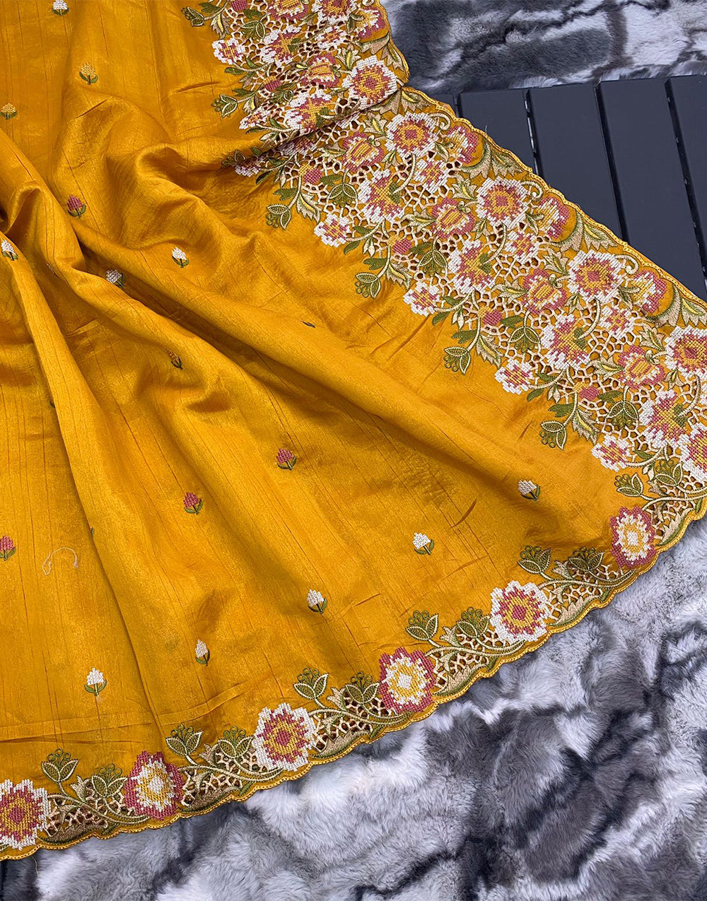 Mustard Yellow Tussar Silk Saree With Embroidery & Cutwork Border