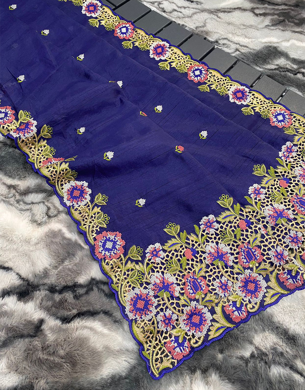 Berry Blue Tussar Silk Saree With Embroidery & Cutwork Border