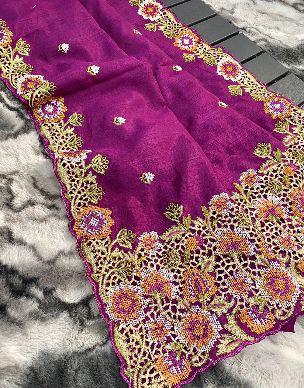 Magenta Tussar Silk Saree With Embroidery & Cutwork Border