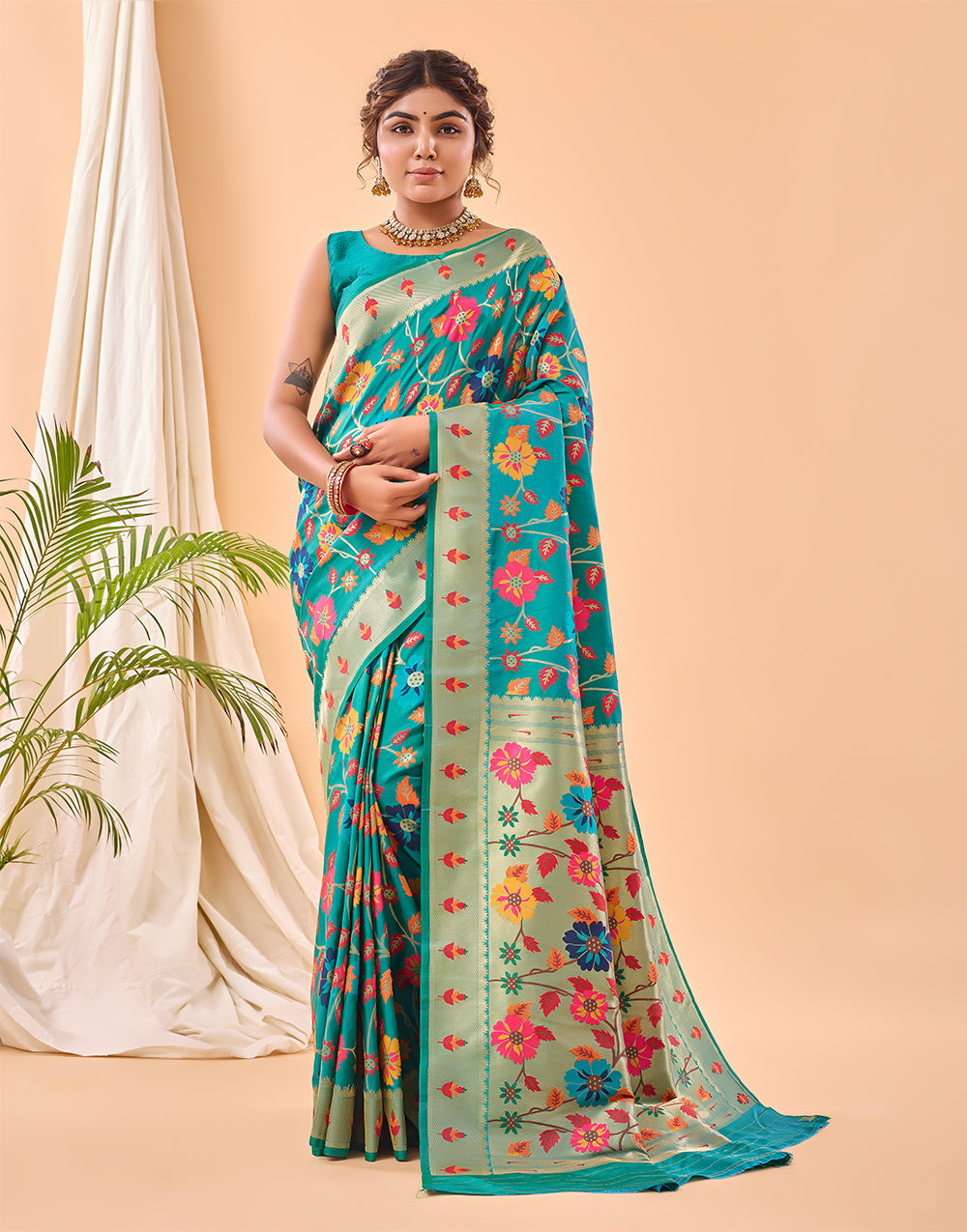 Blue Green Paithani Silk Saree With Weaving Work