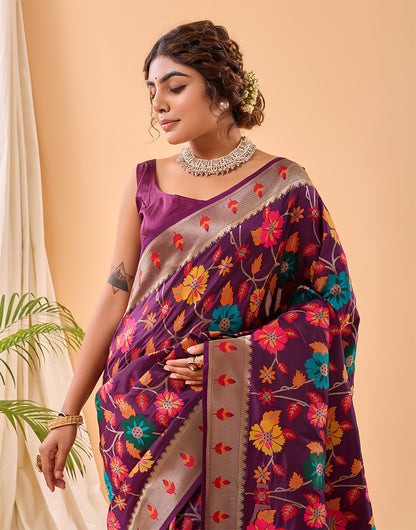 Jam Wine Paithani Silk Saree With Weaving Work