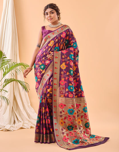 Jam Wine Paithani Silk Saree With Weaving Work