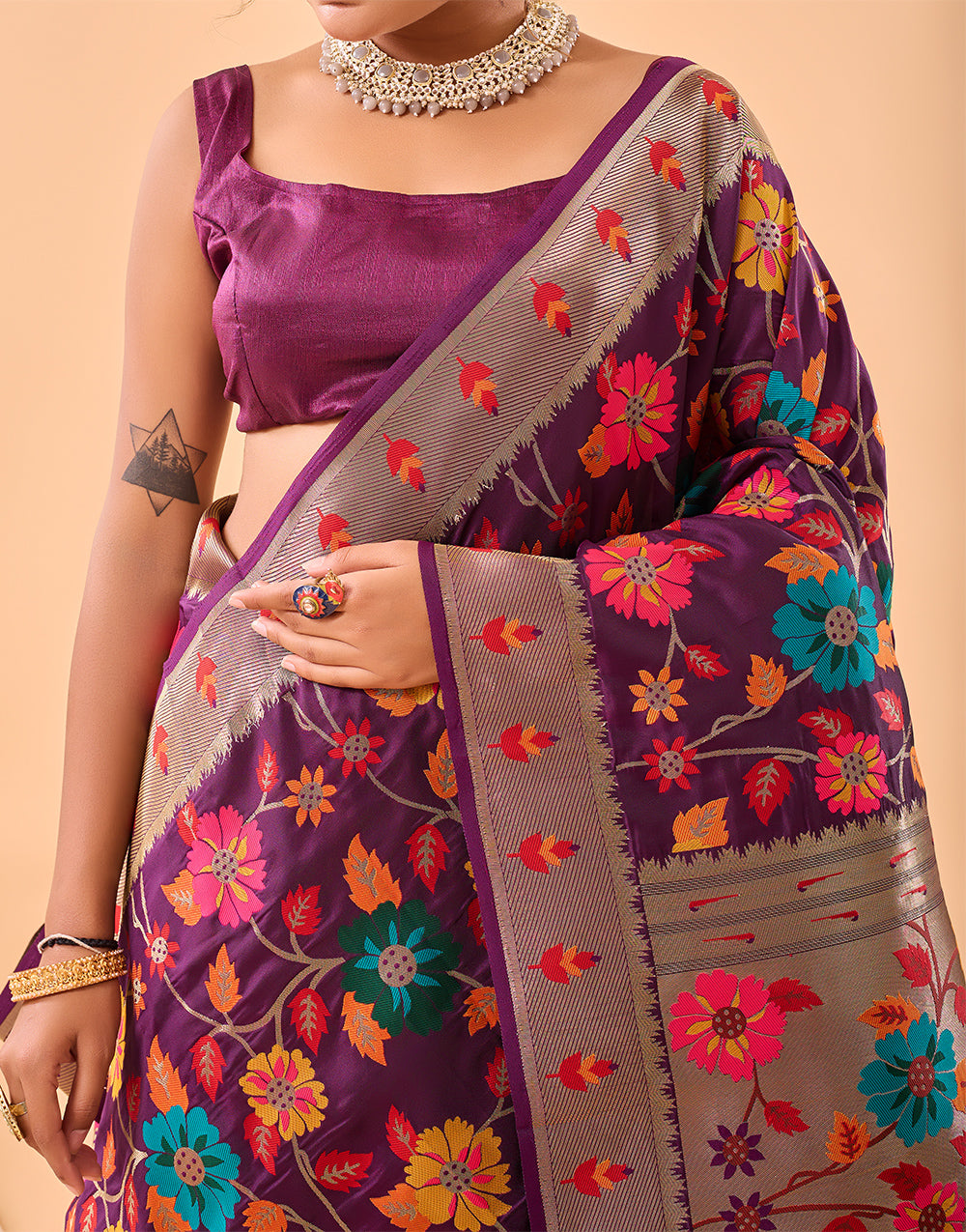 Jam Wine Paithani Silk Saree With Weaving Work