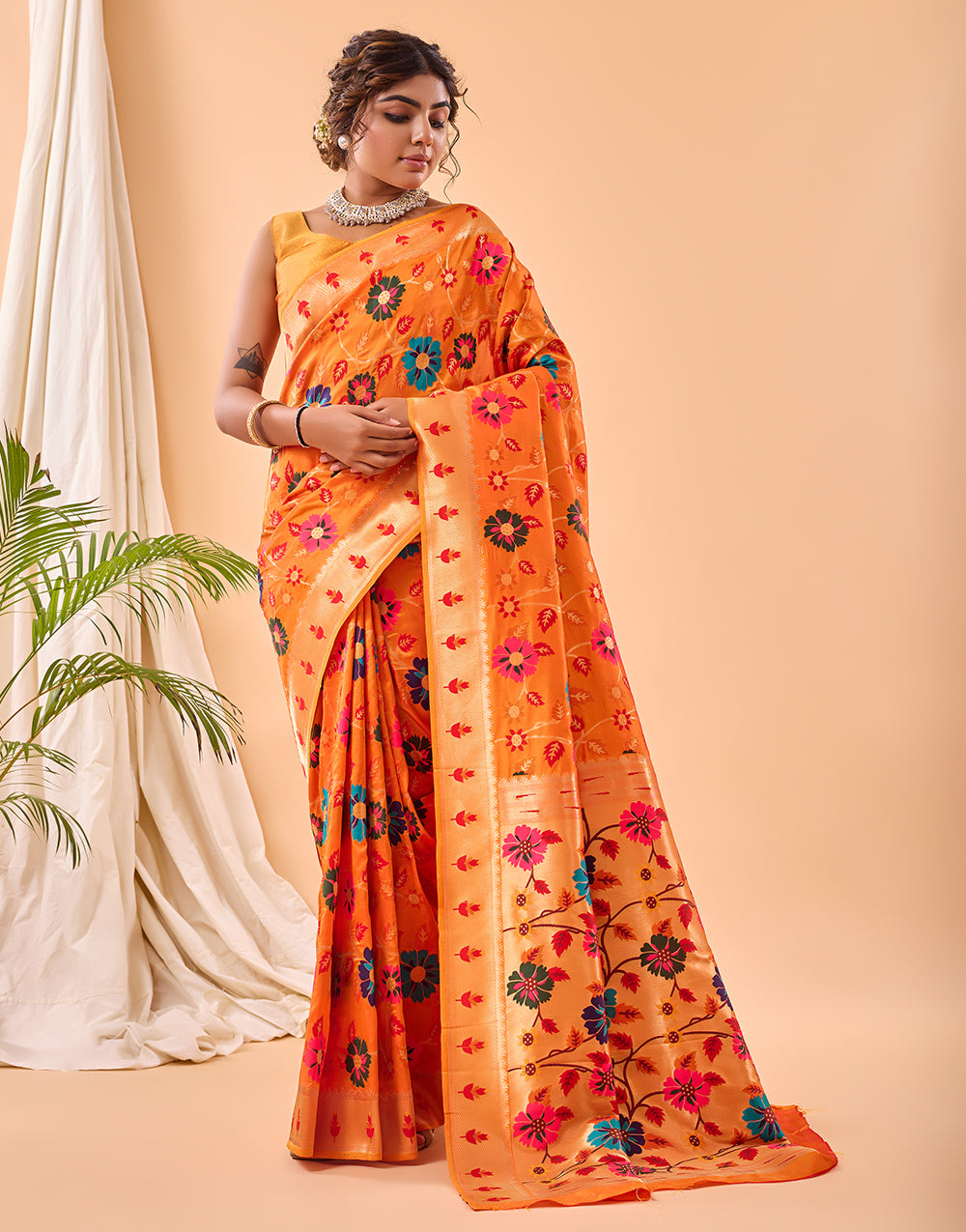 Orange Paithani Silk Saree With Weaving Work
