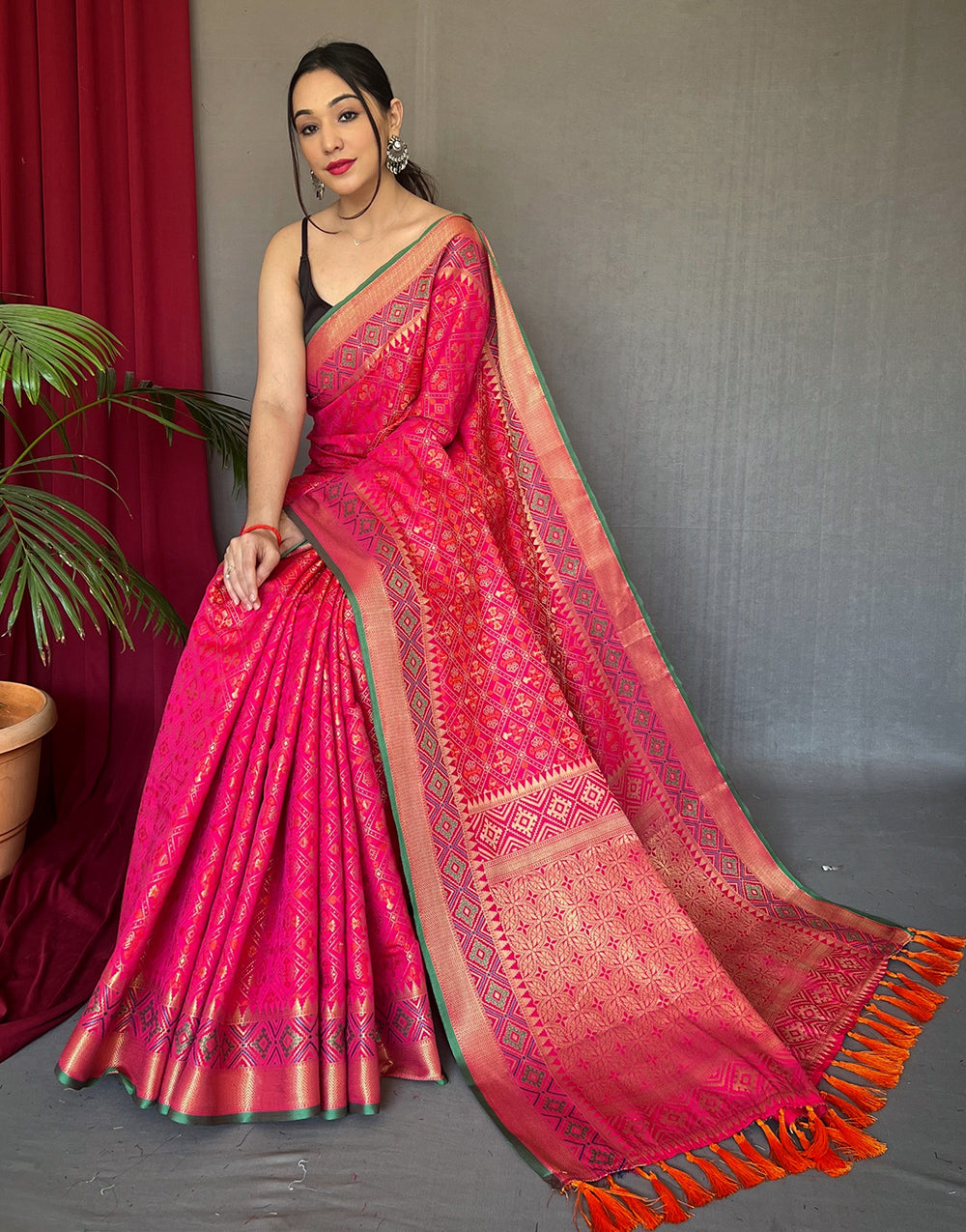Bight Pink Patola Silk Saree With Weaving Work