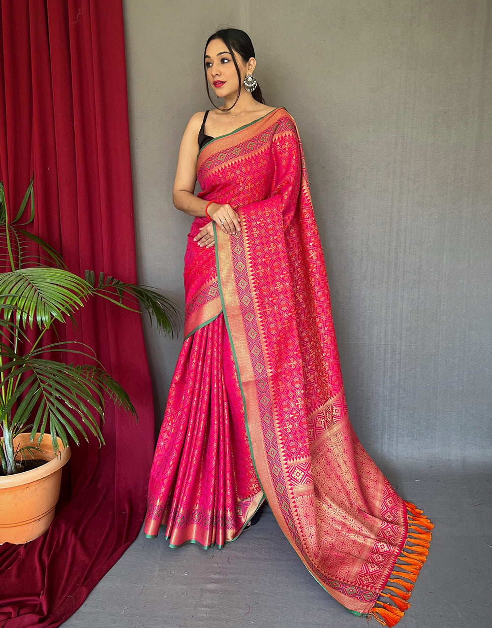 Bight Pink Patola Silk Saree With Weaving Work