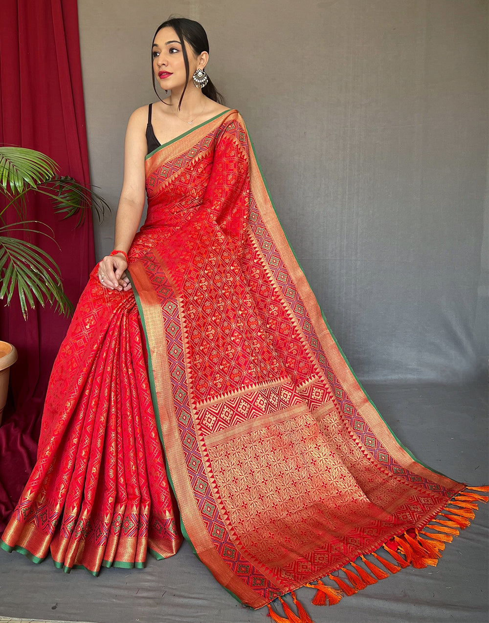 Candy Red Patola Silk Saree With Weaving Work