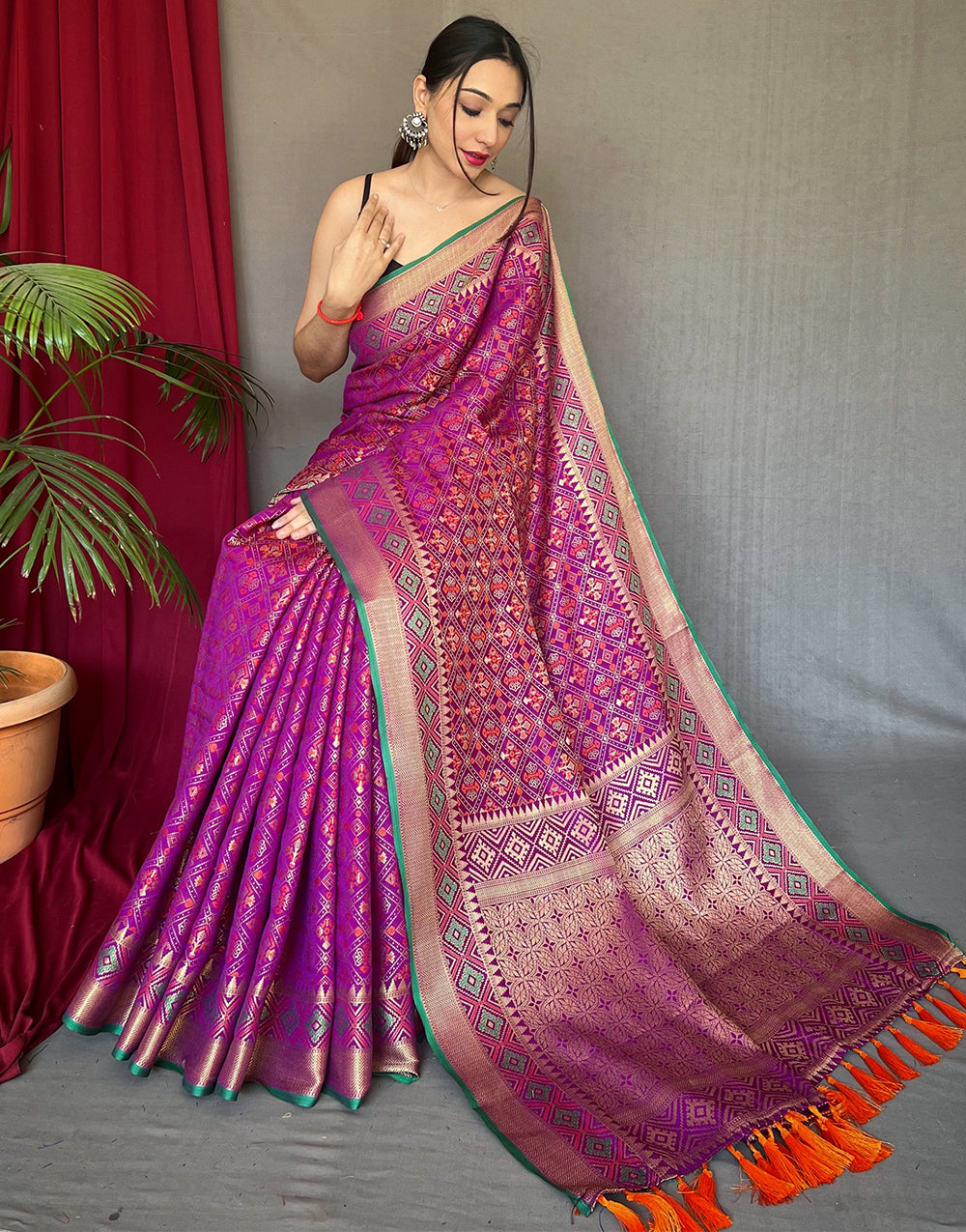 Dark Purple Patola Silk Saree With Weaving Work