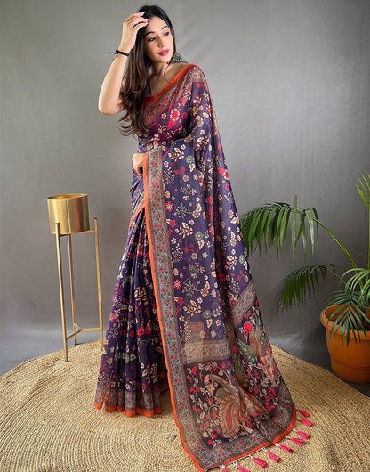 Dark Purple Cotton Saree With Kalamkari Printed Work