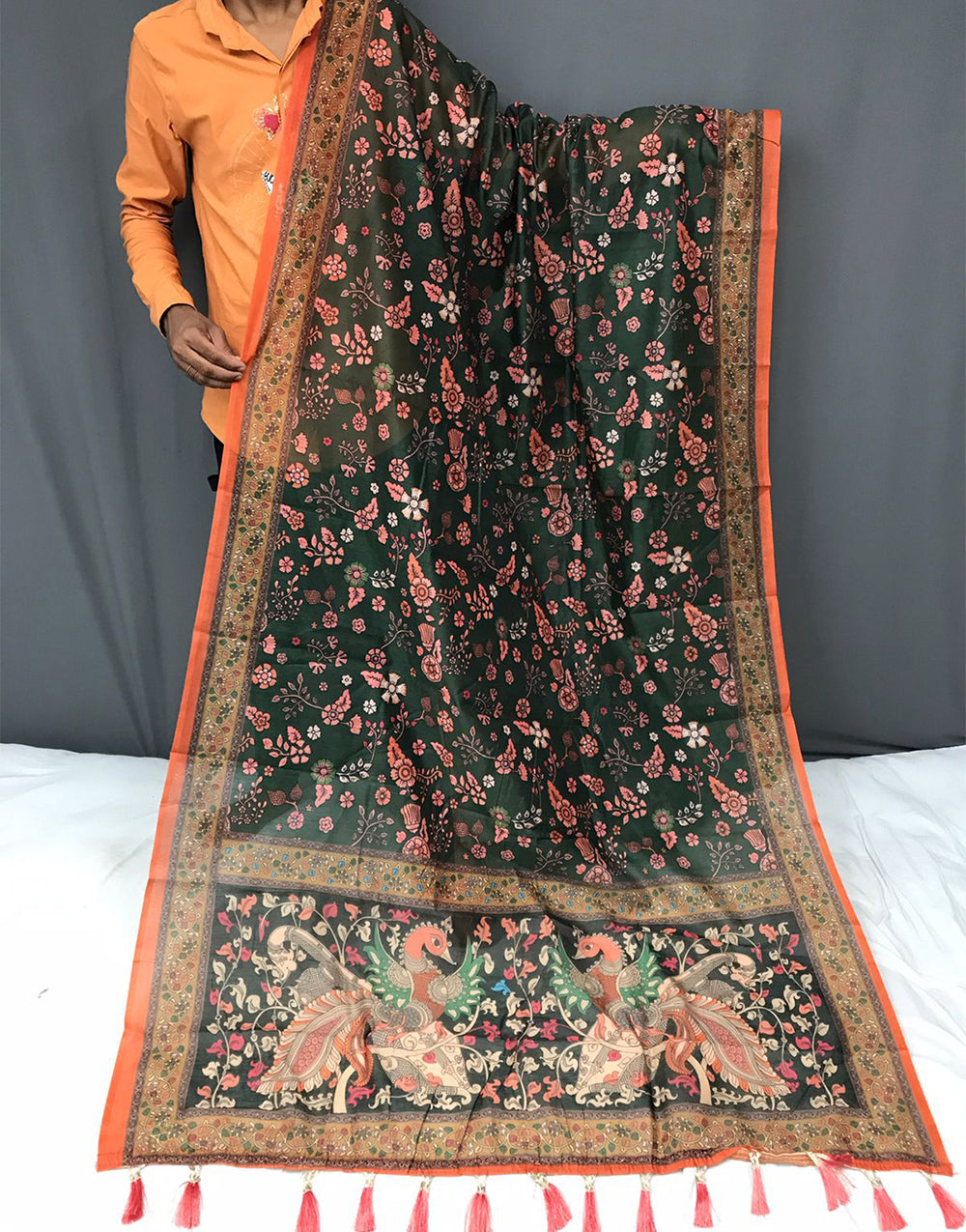 Dark Green Cotton With Kalamkari Printed Saree