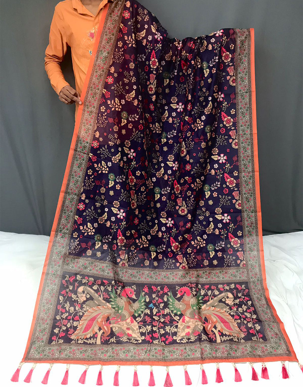 Dark Purple Cotton With KalamKari Printed Saree