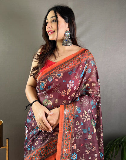 Grape Wine Cotton Saree With KalamKari Printed Work