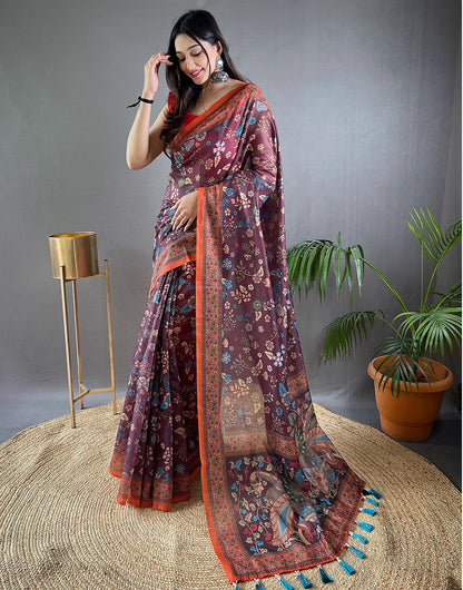 Grape Wine Cotton Saree With KalamKari Printed Work