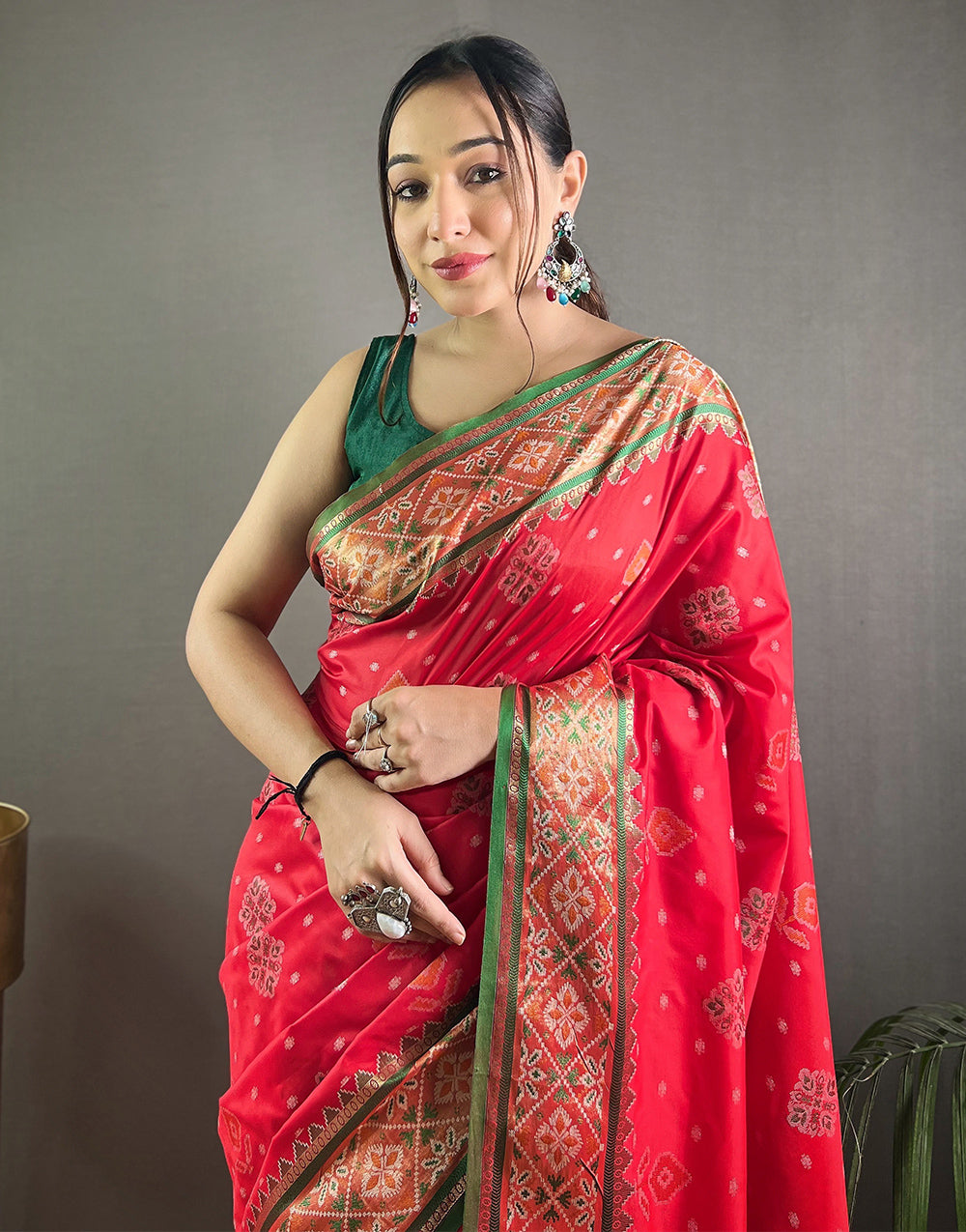 Rose Red Patola Silk Saree With Weaving Work