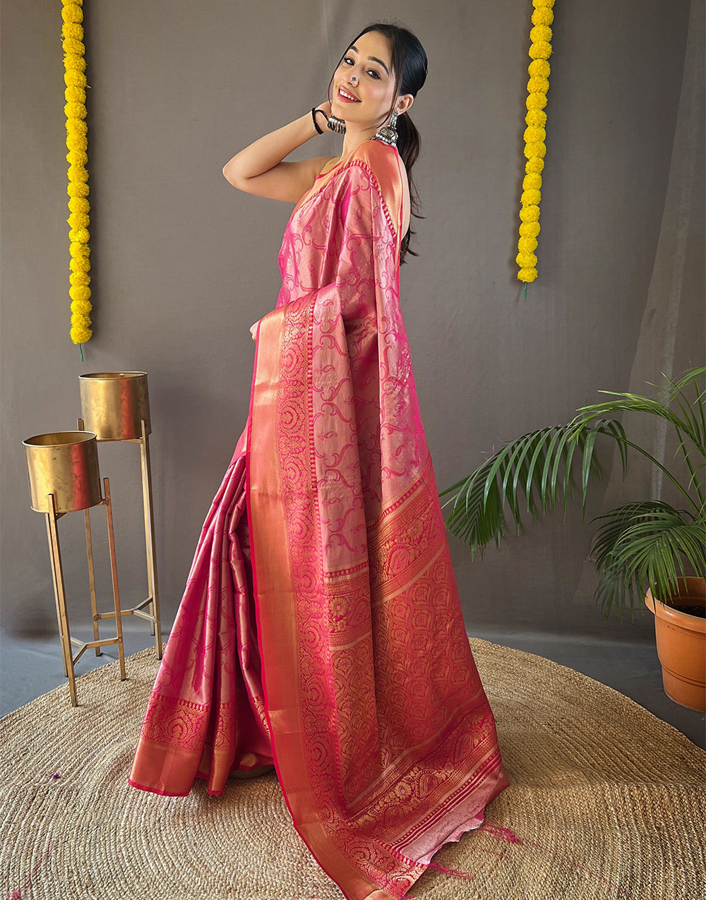 Deep Pink Kanchipuram Silk Saree With Zari Weaving Work
