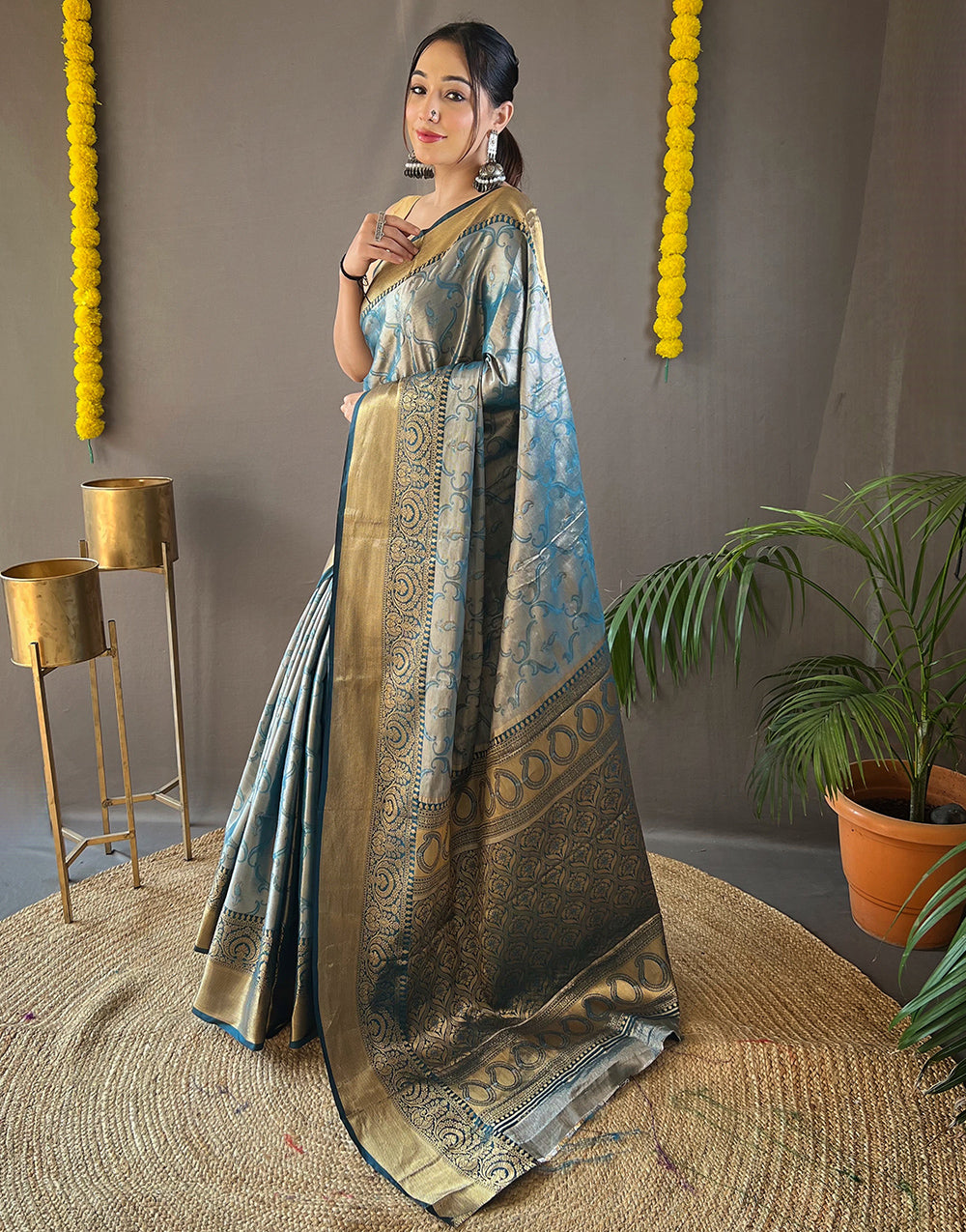Middle Blue Kanchipuram Silk Saree With Zari Weaving Work
