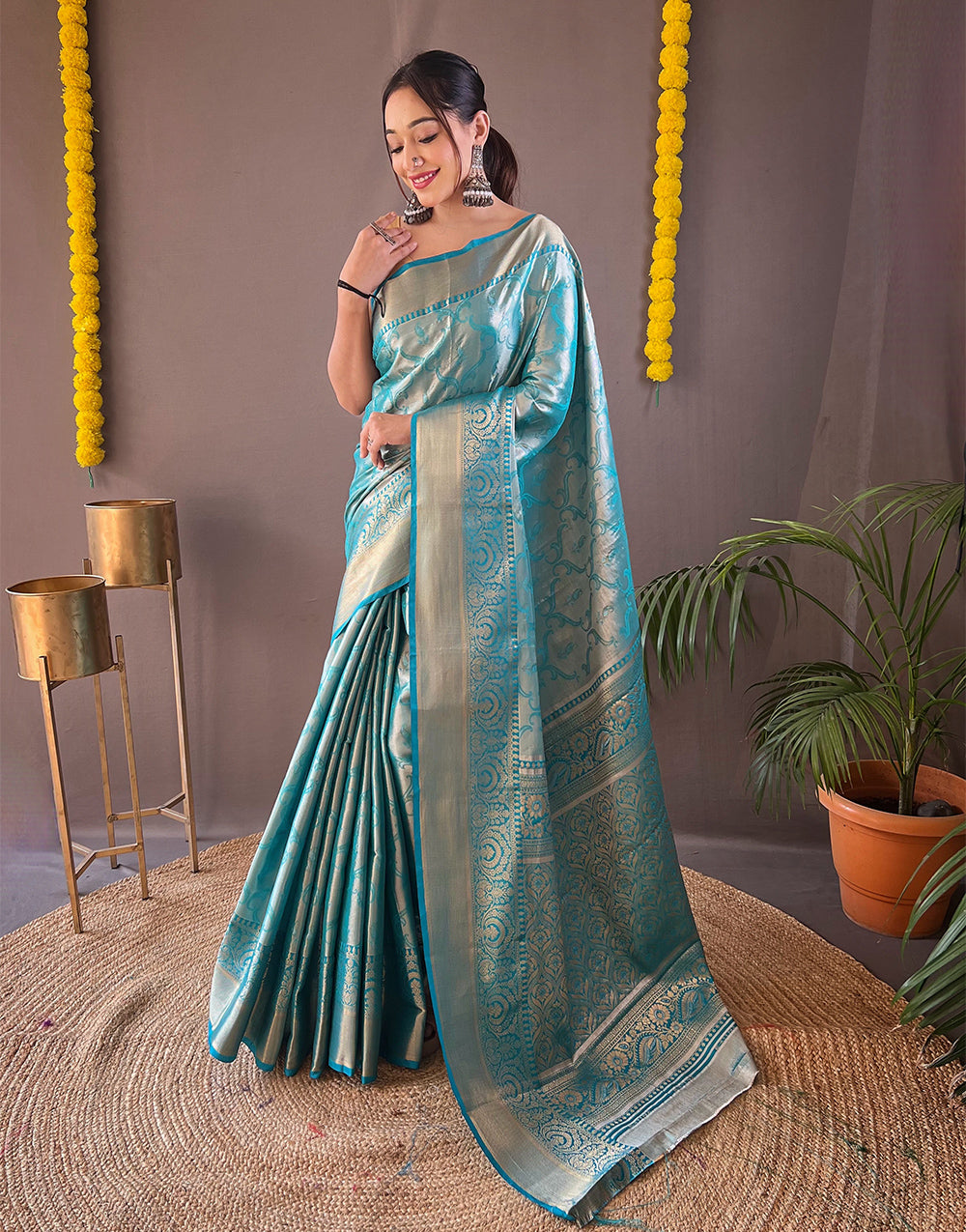 Sky Blue Kanchipuram Silk Saree With Zari Weaving Work