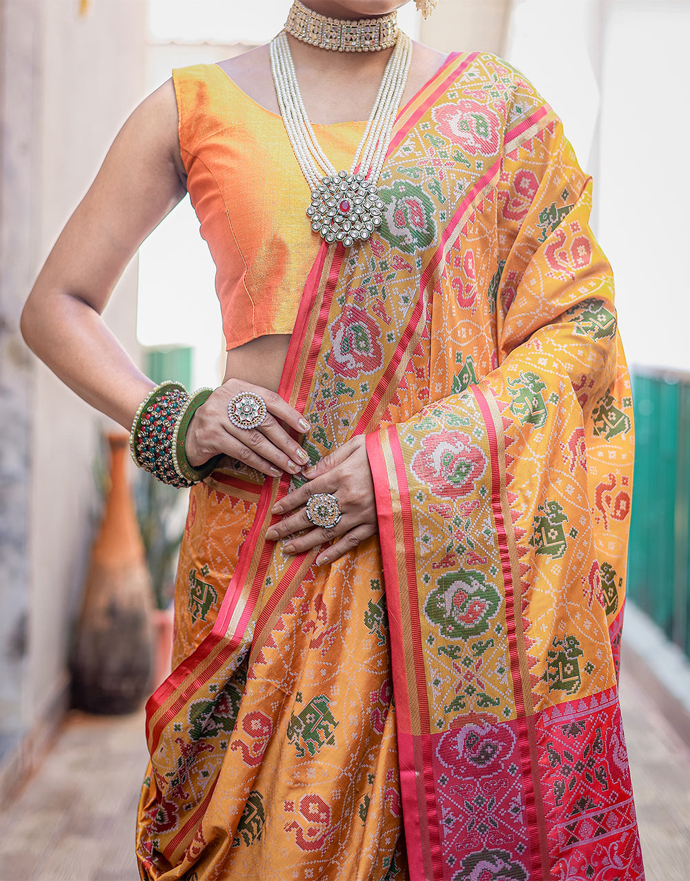 Yellow Patola Silk Saree With Weaving Work