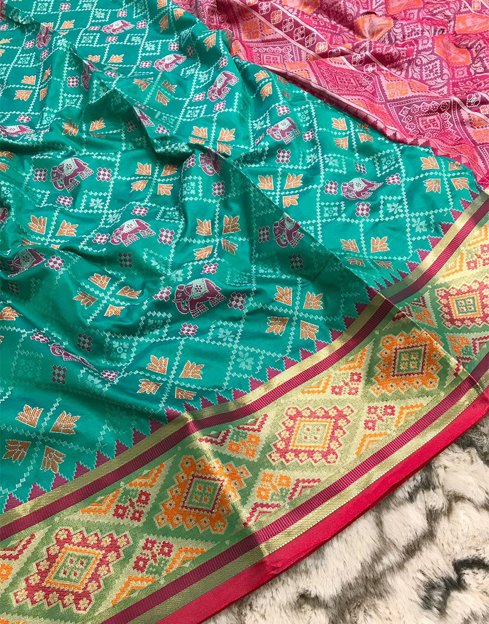 Blue Green Patola Silk Saree With Weaving Work
