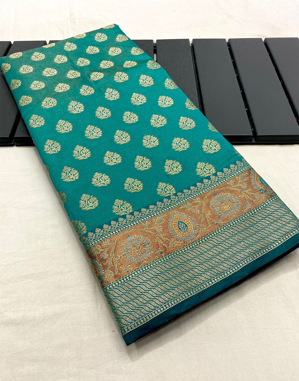 Rama Blue Soft Silk Saree With Zari Weaving Work
