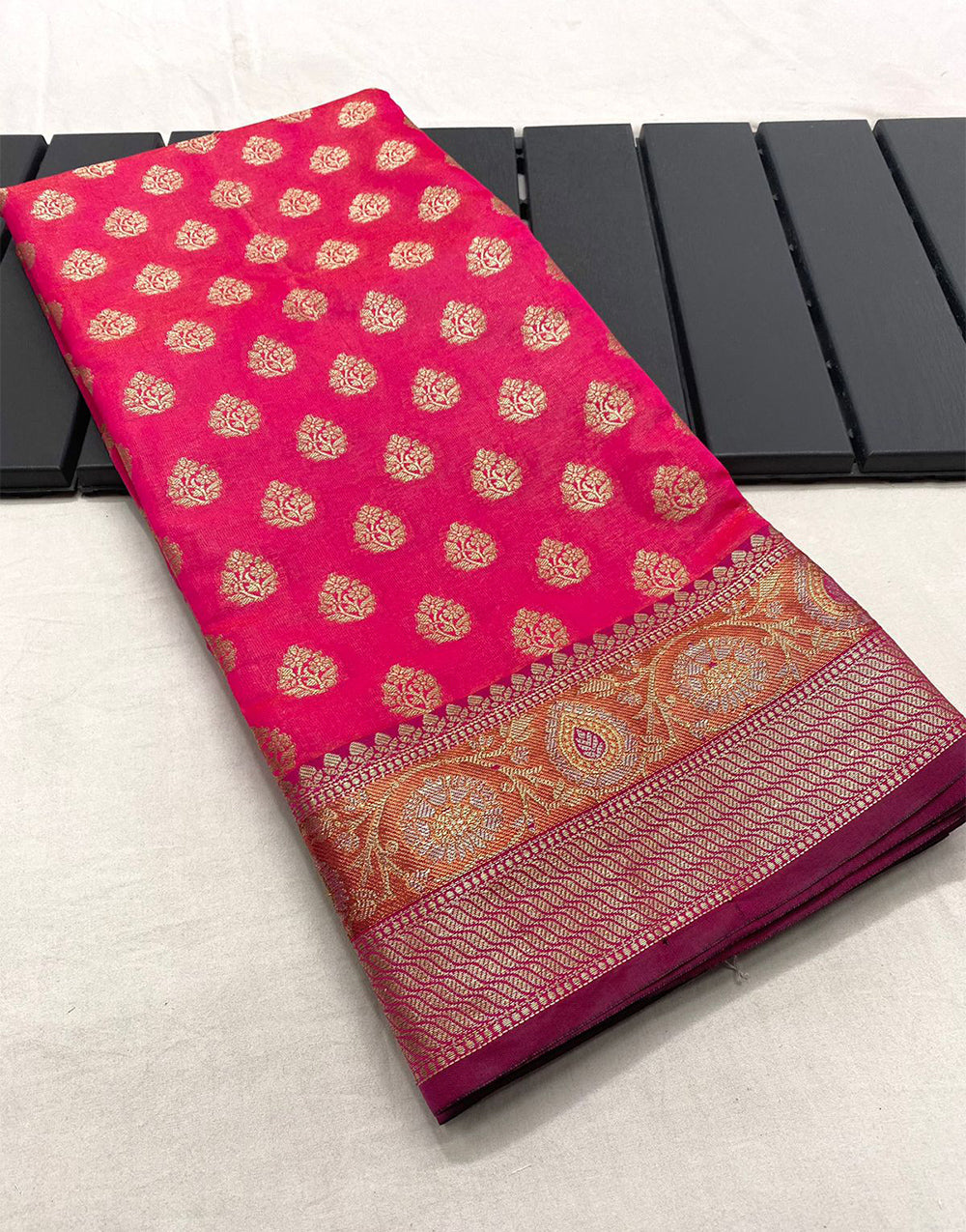 Dark Pink Soft Silk Saree With Zari Weaving Work