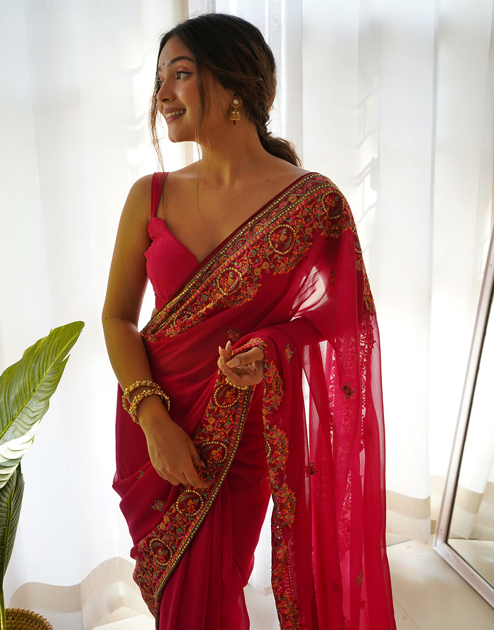 Red Georgette Saree With Thread Embroidery & Stone Work