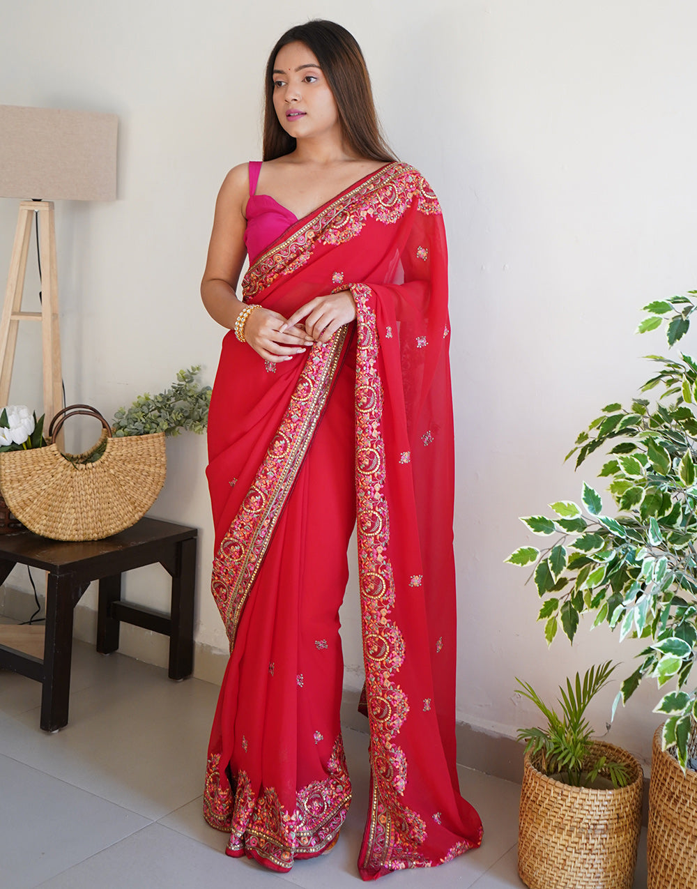 Red Georgette Saree With Thread Embroidery & Stone Work