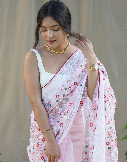 Baby Pink Organza Saree With Embroidery Handwork