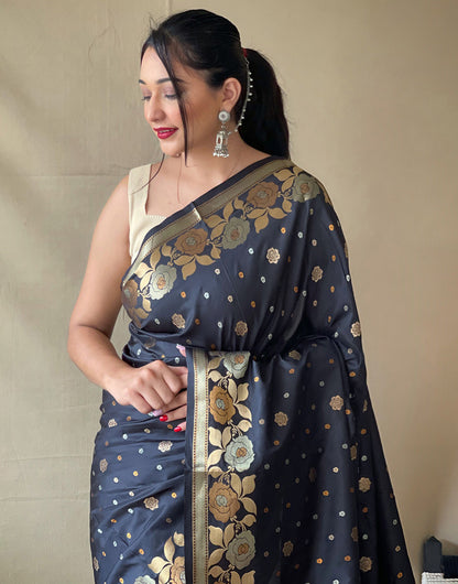 Black Soft Silk Saree With Golden Zari Weaving Work