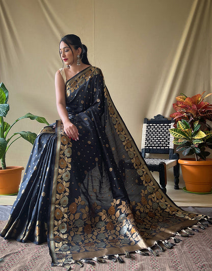 Black Soft Silk Saree With Golden Zari Weaving Work