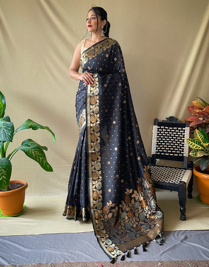 Black Soft Silk Saree With Golden Zari Weaving Work