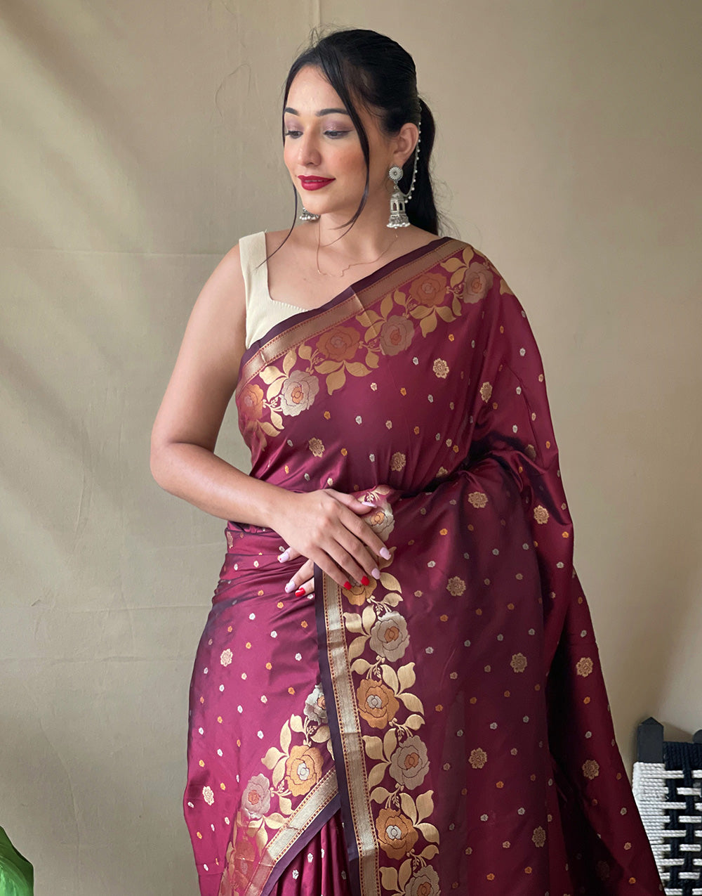 Dark Maroon Soft Silk Saree With Golden Zari Weaving Work