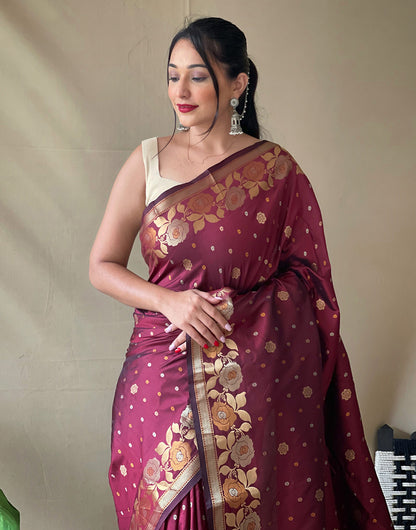 Dark Maroon Soft Silk Saree With Golden Zari Weaving Work