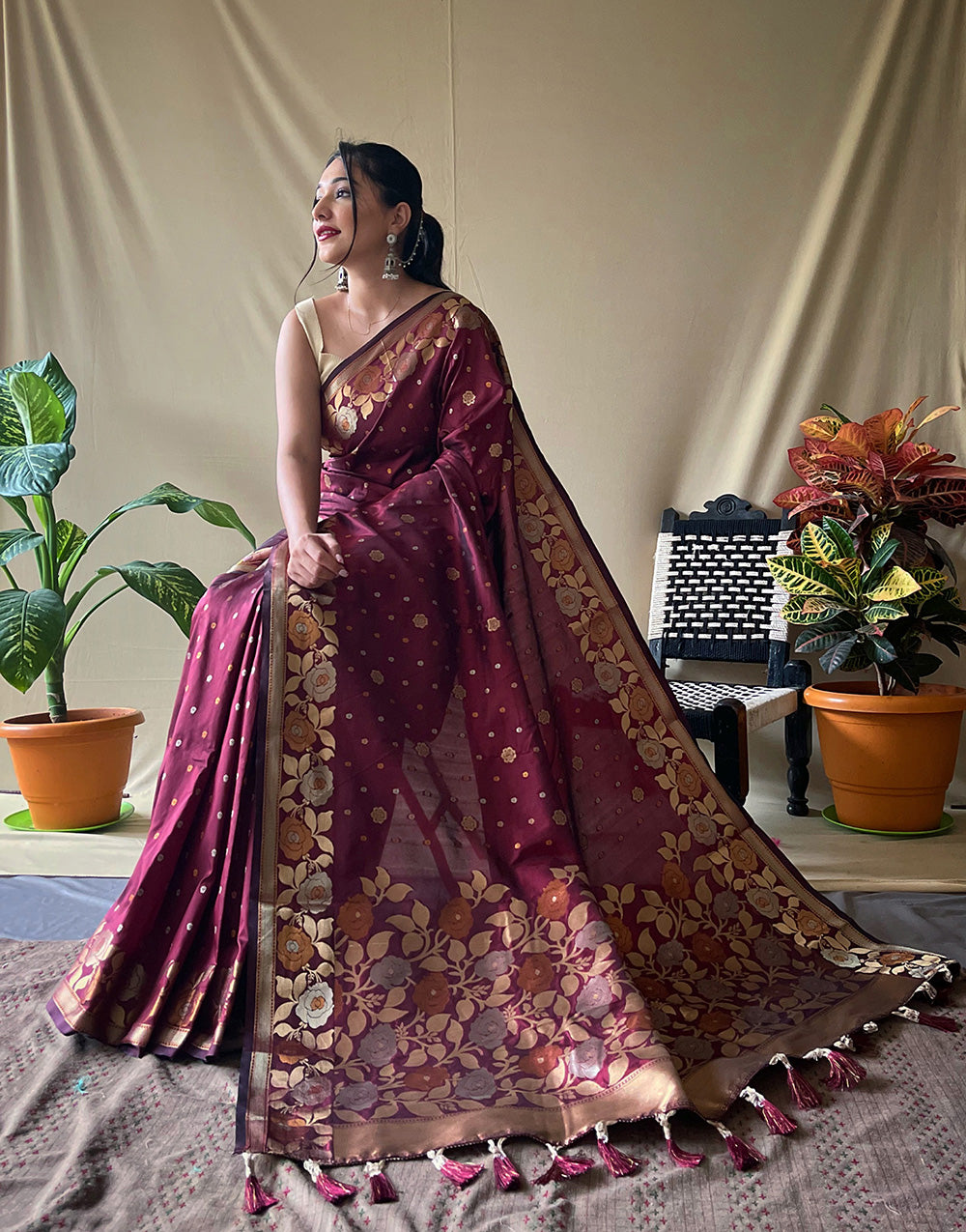 Dark Maroon Soft Silk Saree With Golden Zari Weaving Work